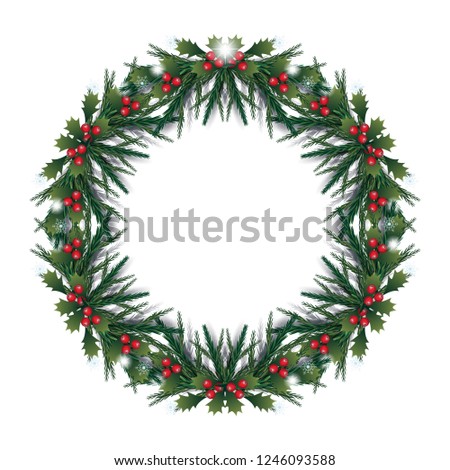 Rustic Twig Christmas Berry Wreath and Garland decoration is handmade on Christmas tree green branches base filled with bright red pip berries. Stunning winter holiday seasonal decorative elements 3D