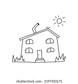 Rustic two-story house with a chimney. Vector illustration in doodle style