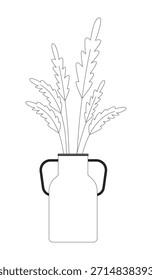 Vaso rústico com objeto de linha 2D caules de trigo seco. Estilo Farmhouse hastes bouquet. Vibrações de outono. Arranjo seco. Item isolado do contorno de tinta do vetor da clipart da decoração do país. Ilustração de ponto monocromático