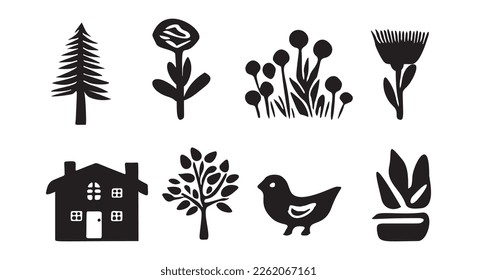 Rustic vector elements for cottage core motif set. House, bird, plantlife and botanicals isolated clip art. 