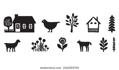 Rustic vector elements for cottage core motif set. House, bird, plantlife and botanicals isolated clip art. 