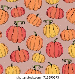 Rustic vector fall cozy seamless pattern with red, yellow and orange hand drawn pumpkins. Halloween collection