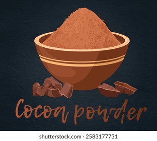 Rustic vector illustration of cocoa powder, its rich aroma and fine granule texture. Bowl filled with cocoa powder, with scattered chocolate particles, isolated on a dark background cartoon icon