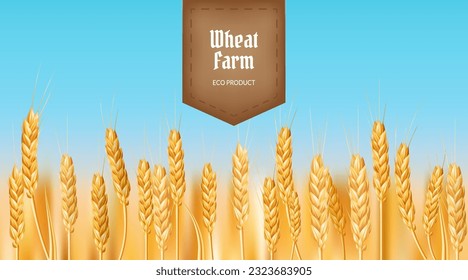 Rustic vector illustration of a golden wheat field perfect for agriculture, farming, and countryside scenes. farmer harvesting ripe cereal crops with a retro stamp label. Ideal for bakery
