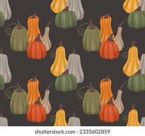 Rustic vector pattern with composition of pumpkins on a dark gray background. Rural background with gourds for wrapping paper, tablecloths and your creativity. Autumn cozy texture with vegetables.