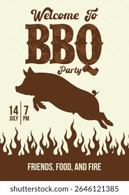 A rustic vector template for a BBQ party invitation, featuring a jumping pig silhouette, playful flames, and bold typography.