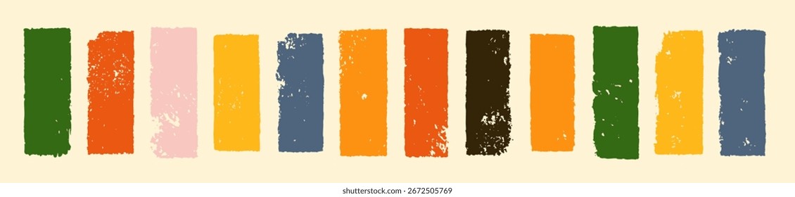 Rustic vertical strokes, shapes and textboxes. Grunge stamp textured autumn brush frames. Muted warm color vector dry ink smears, chalk lines, fall paintbrush splashes. Mid century modern aesthetic bg