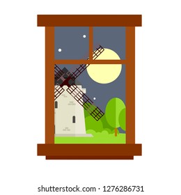 Rustic view of the green meadows, landscape and the Dutch mill. Element of the interior rural house. Night village life. The window at the countryside. Cartoon flat illustration