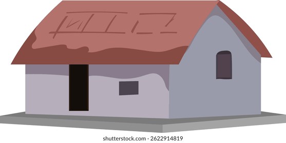 Rustic Village Hut Illustration – Old Clay Roof Small House Vector, Rural Architecture Design, Traditional Countryside Shelter, Farm Building Clipart for Heritage and Culture Projects