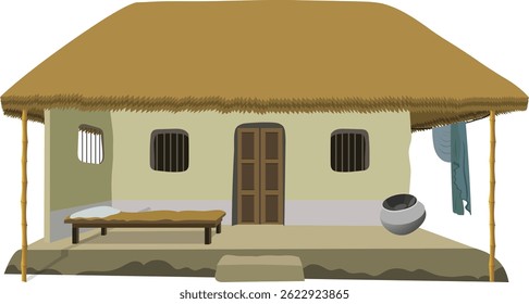 Rustic Village Mud Hut with Thatch Roof – Traditional Rural House Illustration with Charpai and Earthen Pot for Cultural, Heritage, and Countryside Lifestyle Themes