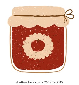 Rustic vintage apple jam jar with decorative label and twine tie. Chalk, crayon or pencil texture hand drawn design element vector illustration isolated.