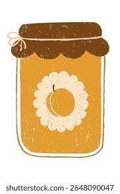 Rustic vintage apricot jam jar with decorative label and twine tie. Chalk, crayon or pencil texture hand drawn design element vector illustration isolated.