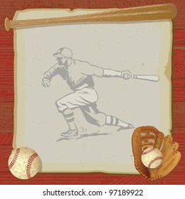 Rustic, vintage baseball party with old fashioned baseball, glove and bat on top of grungy vintage paper with a red woodgrain background. Old school baseball player swinging his bat is faded.