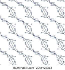 Rústicas hojas azules vintage y flores dibujadas a mano patrón sin fisuras sobre fondo blanco. Ilustración vectorial botánica de la pequeña plantilla floral pintada y de los elementos de dibujo del contorno