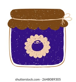 Rustic vintage blueberry jam jar with decorative label and twine tie. Chalk, crayon or pencil texture hand drawn design element vector illustration isolated.