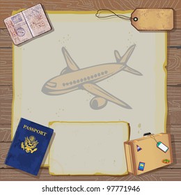  Rustic vintage Bon Voyage Party Invitation with passport, stamps to destinations, luggage and tag on old vintage paper with globe map and airplane set against a woodgrain background.