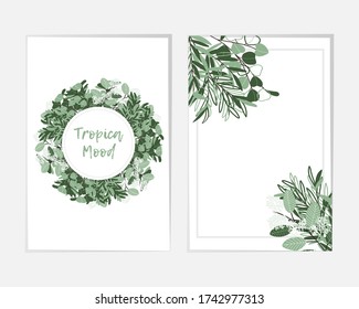 Rustic vintage borders of eucalyptus branches and leaves. Round herbal wreath and rectangle botanical frame vector set. Green, white colors vitage cover templates. Tropical abstract borders.