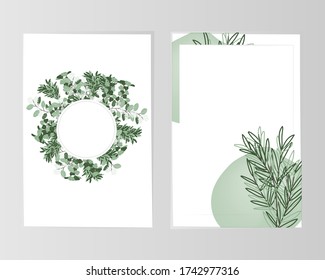 Rustic vintage borders of eucalyptus branches and leaves. Round herbal wreath and rectangle botanical frame vector set. Green, white colors vitage cover templates. Tropical abstract borders.