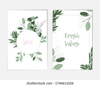 Rustic vintage borders of eucalyptus branches and leaves. Round herbal wreath and rectangle botanical frame vector set. Green, white colors vitage cover templates. Tropical abstract borders.