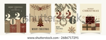 Rustic vintage Christmas and New Year 2026 greeting cards set. Festive gift boxes and ornaments with pine branches. Warm earthy tones and minimalist retro holiday design collection.