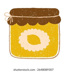 Rustic vintage lemon jam jar with decorative label and twine tie. Chalk, crayon or pencil texture hand drawn design element vector illustration isolated.