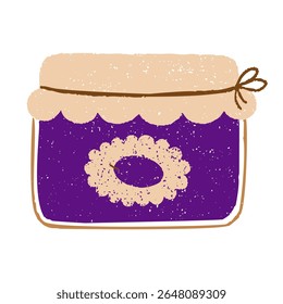Rustic vintage plum jam jar with decorative label and twine tie. Chalk, crayon or pencil texture hand drawn design element vector illustration isolated.
