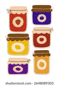 Rustic vintage set of jam jars with decorative label and twine tie. Chalk, crayon or pencil texture hand drawn design elements isolated. Strawberry, lemon, apple, apricot, blueberry and plum jams.
