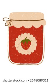 Rustic vintage strawberry jam jar with decorative label and twine tie. Chalk, crayon or pencil texture hand drawn design element vector illustration isolated.