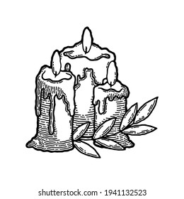 Rustic Vintage Wax Candle as Vector Image. Traditional Christian Symbol Decoration with Wood Leaf and Fire. Image in Retro and Boho Style with Engraving and Monochrome