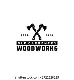 Rustic Vintage Woodworking Cross Axe Logo Design, Creative Carpentry Lumberjack Typography Emblem Vector