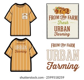 A rustic, vintage-inspired t-shirt design with a brown and beige striped pattern