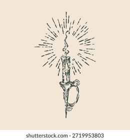 Una ilustración rústica de estilo vintage dibujada a mano de una vela en llamas en un soporte decorativo, con rayos de luz radiantes en una estética de boceto de tinta clásica.
