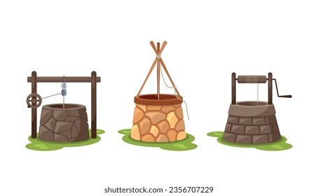 Rustic Water Wells Blend Natural Elements, Featuring Wooden Beams And Stone Walls. They Evoke Countryside Aesthetic