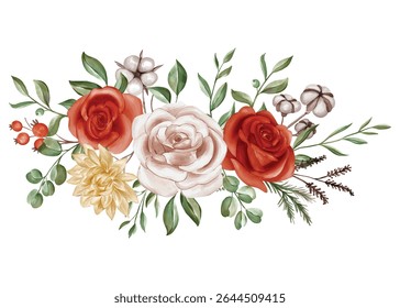 Rustic Watercolor Floral Arrangement with Cream and Red Roses