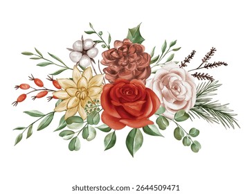 Rustic Watercolor Floral Arrangement with Cream and Red Roses
