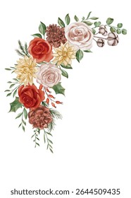 Rustic Watercolor Floral Corner Arrangement: Red, Cream, and Brown Blooms