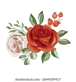 Rustic Watercolor Rose Bouquet with Berries and Greenery