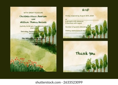 Rustic Watercolor Wedding Invitation Set with Landscape and Trees – Nature-Inspired RSVP and Thank You Card.Elegant wedding invitation set featuring hand-painted watercolor landscapes with green trees