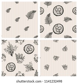 Rustic wedding backgrounds. Mini collection of 4 seamless patterns. Hand drawn vector graphic. Inky black elements on stripped beige backdrop.