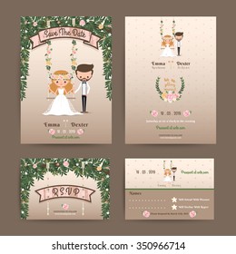 Rustic Wedding Cartoon Bride And Groom Couple Invitation RSVP Set