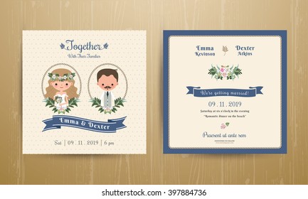 Rustic wedding cartoon bride and groom couple invitation card on wood background