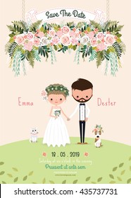 Rustic Wedding Couple Save The Date Invitation Card Floral Blossom, Bride And Groom With Dog And Cat