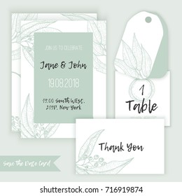Rustic Wedding decoration template decorate with eucalyptus branches in sketch style. With menu, table and thank you card. Vector illustration.