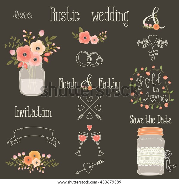 Rustic wedding design\
elements with pink and peach flowers. Vector set of vintage hand\
drawn clip art. Mason jars, flowers, lettering, banner, dividers,\
and more. Eps 10