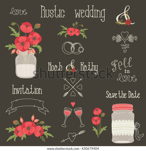 Rustic wedding design elements with\
poppy flowers. Vector set of vintage hand drawn clip art. Mason\
jars, flowers, lettering, banner, dividers, and\
more