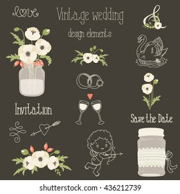 Rustic Wedding Design Elements With White Poppy Flowers. Vector Set Of Vintage Hand Drawn Clip Art. Mason Jars, Flowers, Lettering, Banner, Dividers, And More