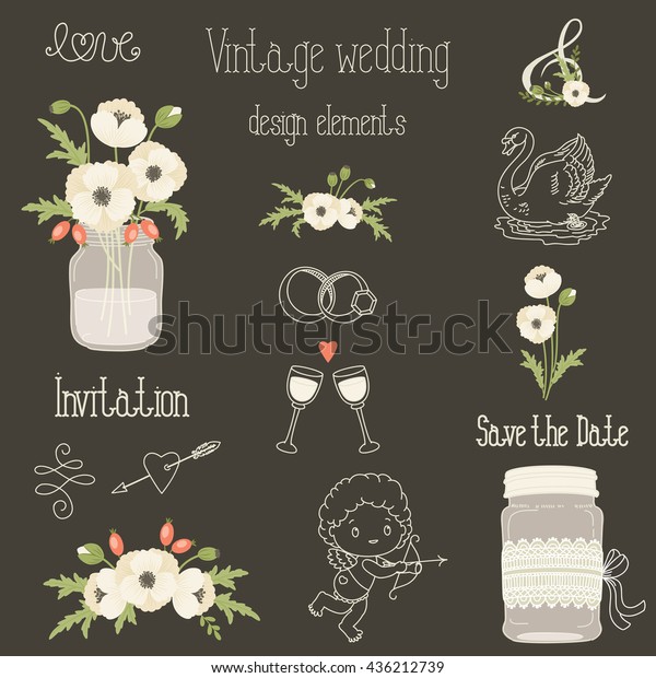 Rustic wedding design elements\
with white poppy flowers. Vector set of vintage hand drawn clip\
art. Mason jars, flowers, lettering, banner, dividers, and\
more