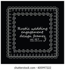 Rustic wedding or engagement frames. Decorative vector set of elements for design: Herbal, forest, flower, mushroom, grass, leaves, berry. Black and white lace. Sketch, vintage, line art style