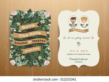 Rustic Wedding invitation card cartoon bride and groom on wood background