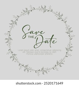 Rustic wedding invitation card with floral fame wreath design